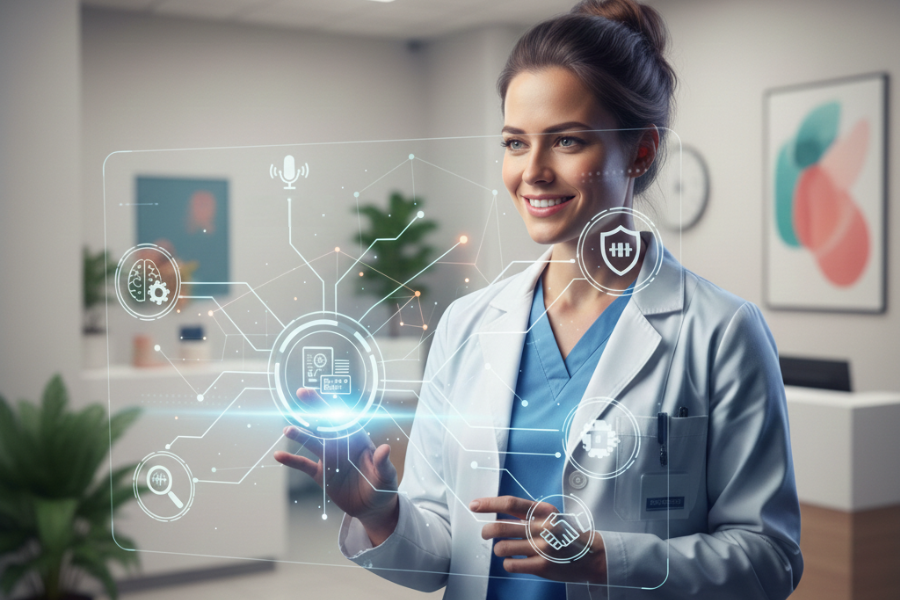A female clinician interacts with a futuristic digital interface displaying AI medical icons, representing seamless AI integration and clinical documentation in a modern healthcare setting