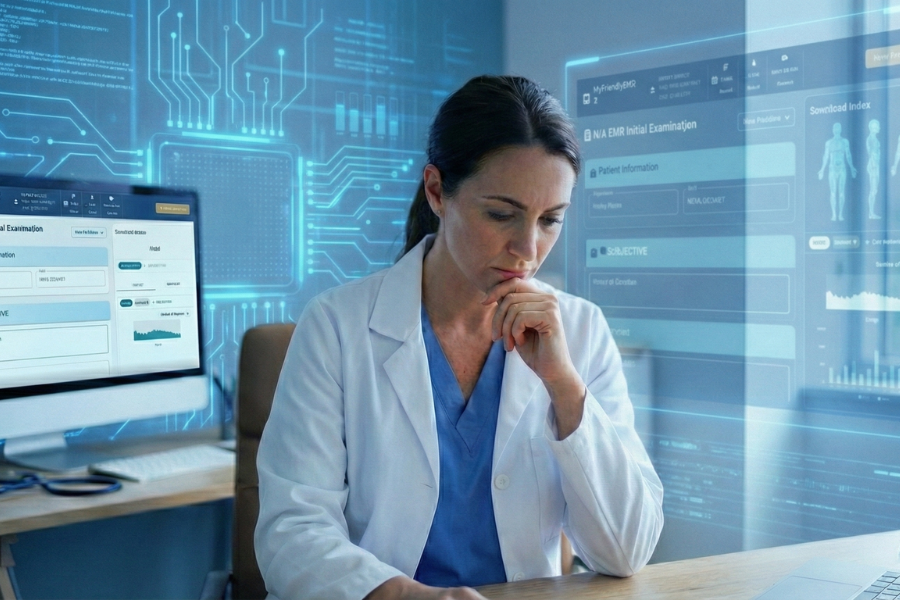 Clinician using AI-powered EMR solution to streamline documentation and reduce burnout, highlighting the seamless integration of AI tools in healthcare workflows