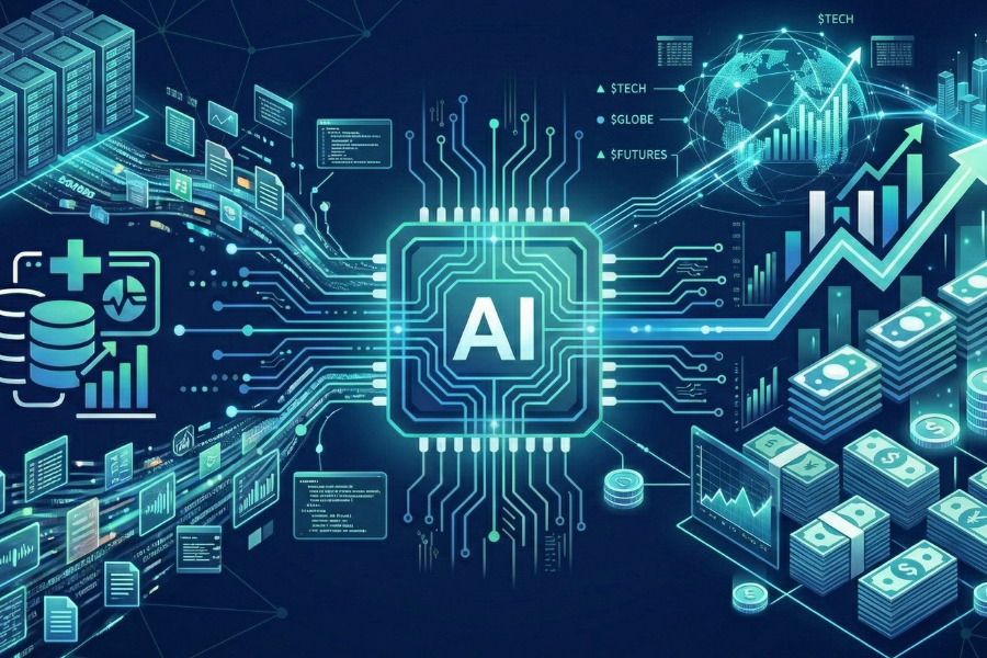 Digital illustration showing how ScribePT's AI technology transforms clinical data into financial growth, featuring a central AI microchip connecting medical records and healthcare documentation to rising revenue graphs and money stacks.