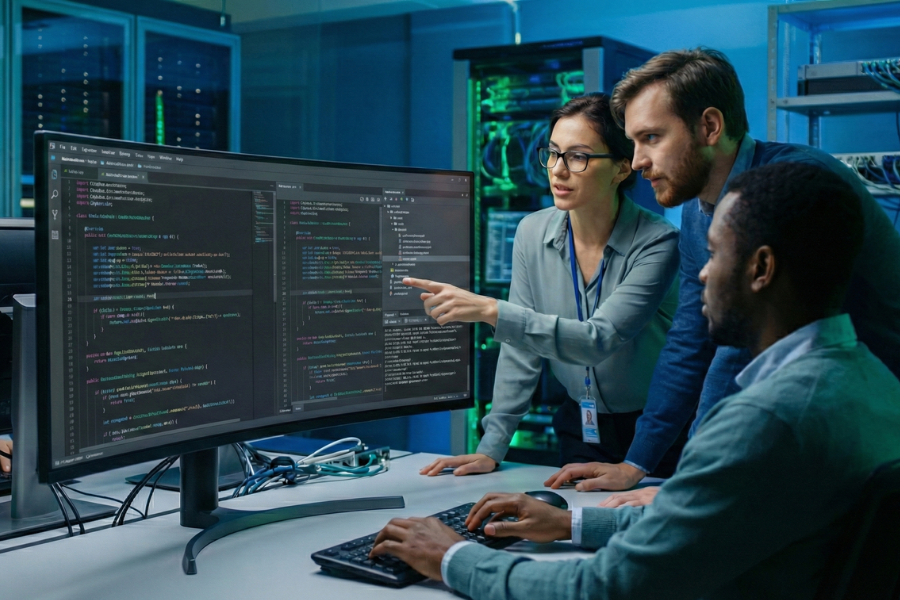 Diverse team of IT professionals, including a woman pointing at code on a large monitor and two men, collaborating in integrating AI into their EMR system.