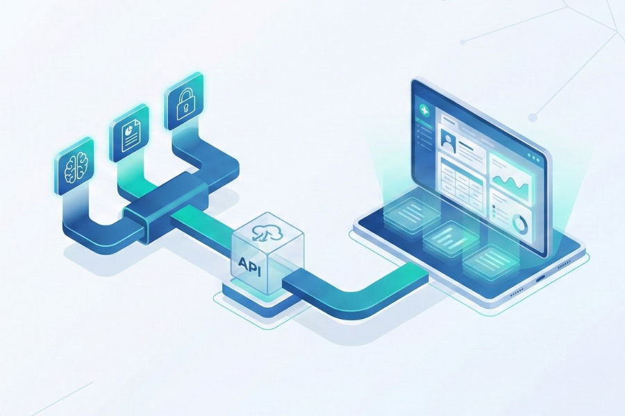 Isometric illustration showing ScribePT's AI-powered API integration connecting clinical documentation features, including ambient listening and security, directly into an Electronic Medical Record (EMR) dashboard.