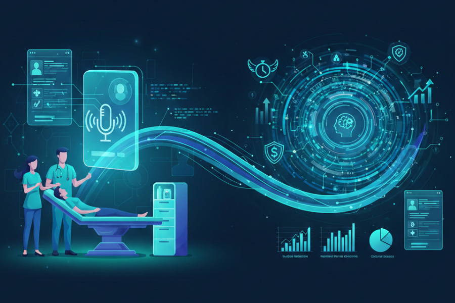 A futuristic digital illustration of an AI medical scribe in a clinical setting, featuring a glowing blue interface processing a doctor-patient consultation into structured medical data and analytics