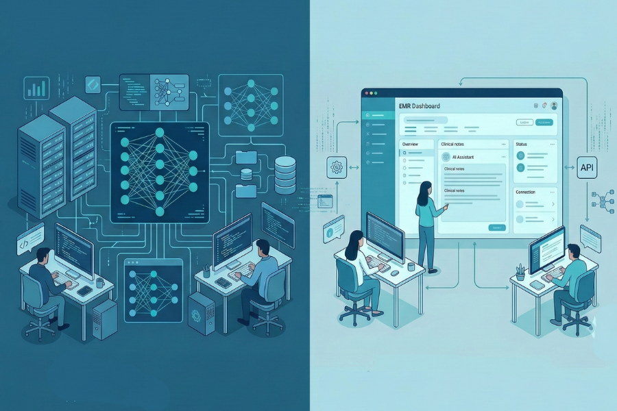Illustration comparing the complexity of building AI documentation infrastructure for EMR platforms versus embedding a ready-to-integrate AI solution, like ScribePT, that generates clinical notes directly within the EMR.