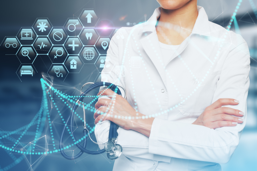 Healthcare professional with digital medical interface and data visuals representing AI solutions in healthcare and clinical workflows.