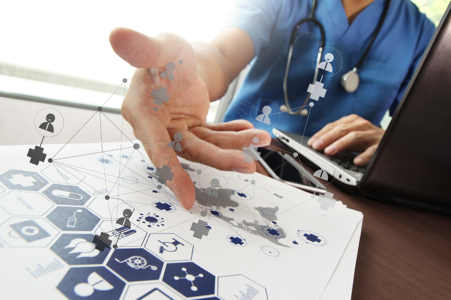 A technical diagram showing the flow of raw clinical data from an EMR through a secure API layer into an AI engine for documentation processing.