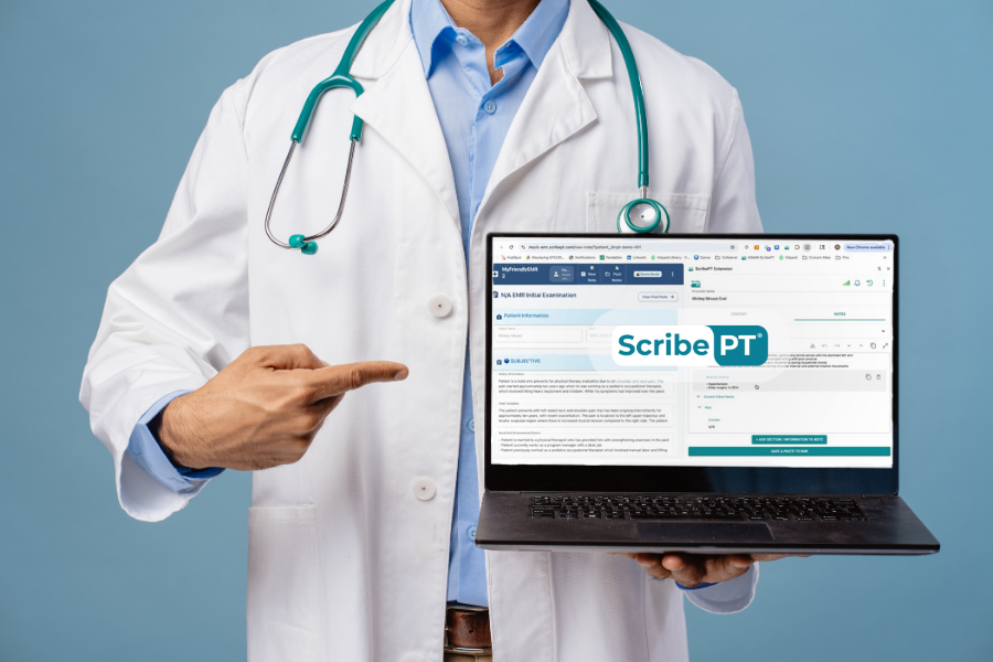 A physical therapist pointing to a laptop displaying the ScribePT AI scribe Chrome extension running side-by-side with an EMR interface to automate clinical SOAP notes.