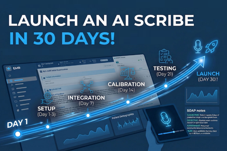 Graphic illustrating how to integrate an AI scribe into an EMR, showing a 30-day timeline from setup to launch alongside clinical SOAP notes.
